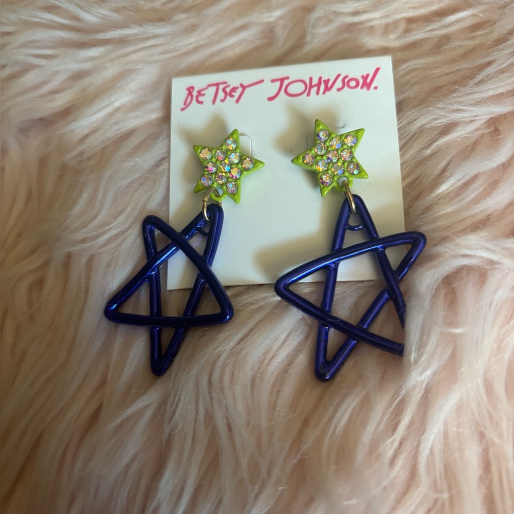 Betsey Johnson Purple Star Drop Earrings with Lime Crystal Star Studs
